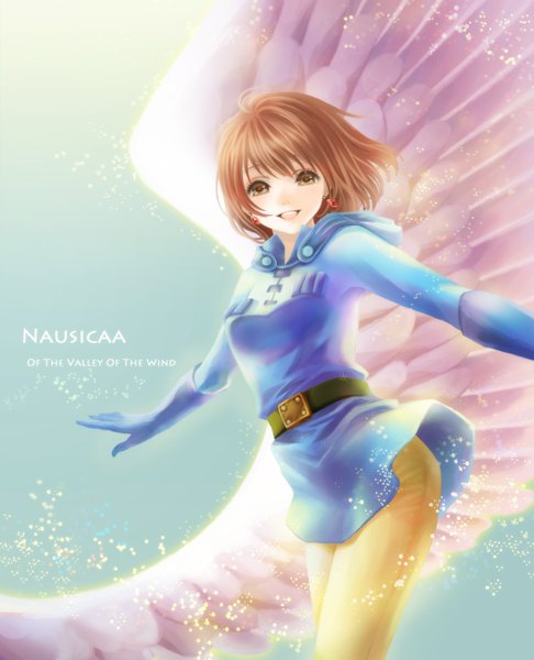 Anime picture 1100x1357 with kaze no tani no nausicaa studio ghibli nausicaa yuzu 5101 single tall image looking at viewer short hair open mouth smile brown hair brown eyes girl gloves wings