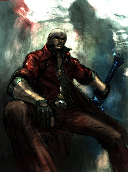 Anime picture 3685x4961 with devil may cry dante (devil may cry) single tall image highres short hair absurdres white hair boy gloves jacket fingerless gloves pants