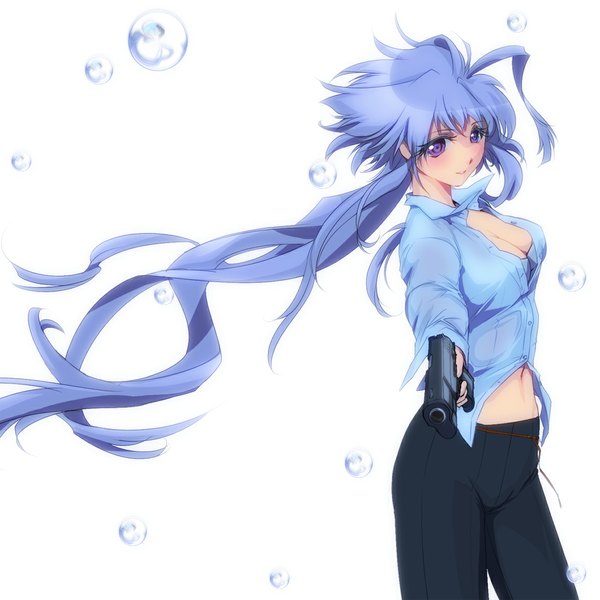 Anime picture 1120x1120 with original lavolpe (yagisaka seto) yagisaka seto (artist) long hair blush white background purple eyes blue hair cleavage girl navel weapon gun pants bubble (bubbles)