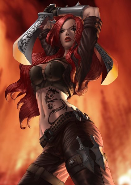 Anime picture 2480x3508 with league of legends katarina (league of legends) zamberz (artist) single long hair tall image highres blue eyes light erotic red hair from below midriff tattoo looking up scar girl navel weapon dagger