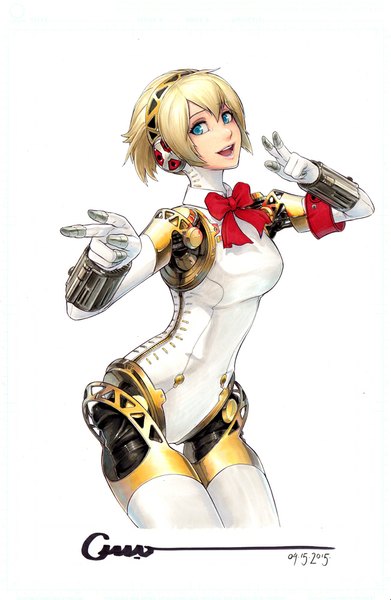 Anime picture 652x1000 with persona 3 persona aegis omar-dogan single tall image looking at viewer fringe short hair open mouth blue eyes simple background blonde hair white background girl gloves bow white gloves headphones bodysuit