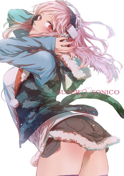 Anime picture 2480x3508 with nitroplus super sonico haraita (pixiv id2763987) single long hair tall image looking at viewer blush highres simple background smile white background pink hair pink eyes character names hand on headphones girl skirt miniskirt jacket