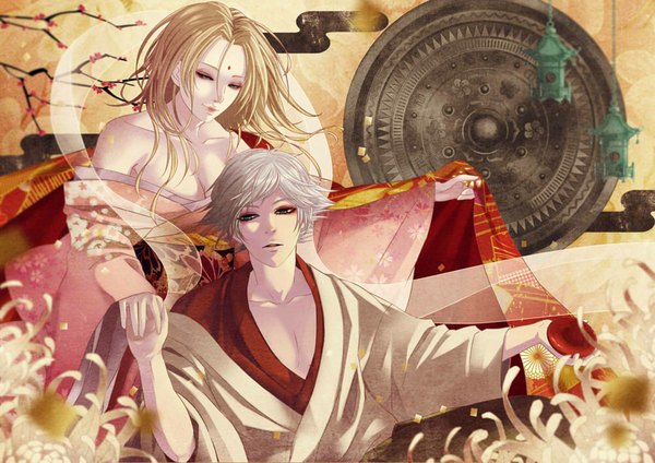Anime picture 1000x707 with kamisama hajimemashita mizuki (kamisama hajimemashita) hanamori (kamisama hajimemashita) surume long hair short hair breasts open mouth blonde hair sitting holding green eyes looking away cleavage white hair traditional clothes parted lips japanese clothes lips wide sleeves