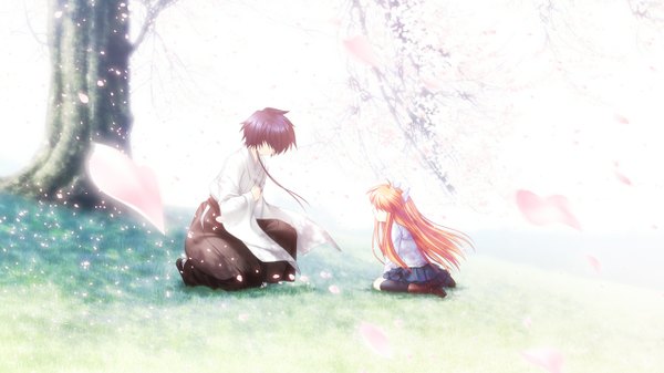 Anime picture 1280x720 with rewrite ohtori chihaya ohtori sakuya hinoue itaru long hair short hair wide image purple hair profile orange hair kneeling cherry blossoms squat girl boy plant (plants) petals tree (trees)