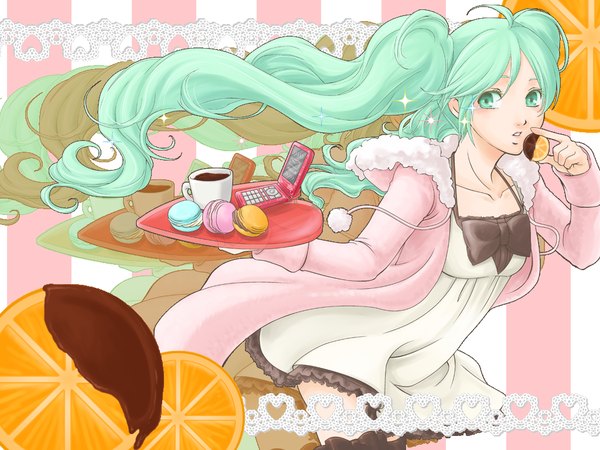 Anime picture 1024x768 with vocaloid hatsune miku single looking at viewer twintails green eyes ahoge very long hair green hair wind wallpaper outstretched arm girl dress hood fruit mobile phone hoodie cup tray
