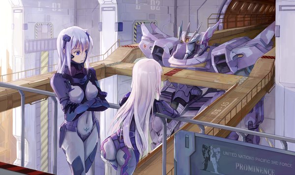 Anime picture 1386x825 with muv-luv cryska barchenowa inia sestina d.b.spark long hair light erotic wide image purple eyes multiple girls pink hair purple hair ass inscription covered navel crossed arms girl 2 girls bodysuit mecha
