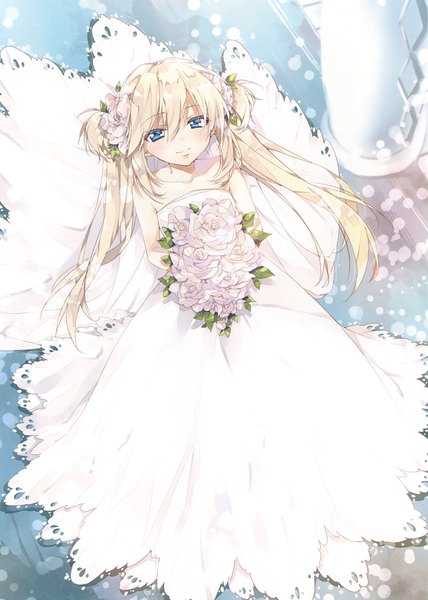 Anime picture 2355x3300 with original eshi 100-nin ten anapom single long hair tall image looking at viewer highres blue eyes twintails white hair hair flower scan official art girl dress flower (flowers) bouquet wedding dress