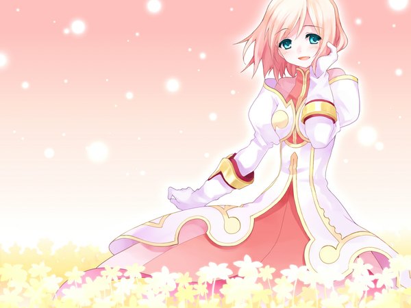 Anime picture 1024x768 with tales of (series) tales of vesperia estellise sidos heurassein koto (colorcube) blush short hair blue eyes smile pink hair wallpaper adjusting hair dress flower (flowers)