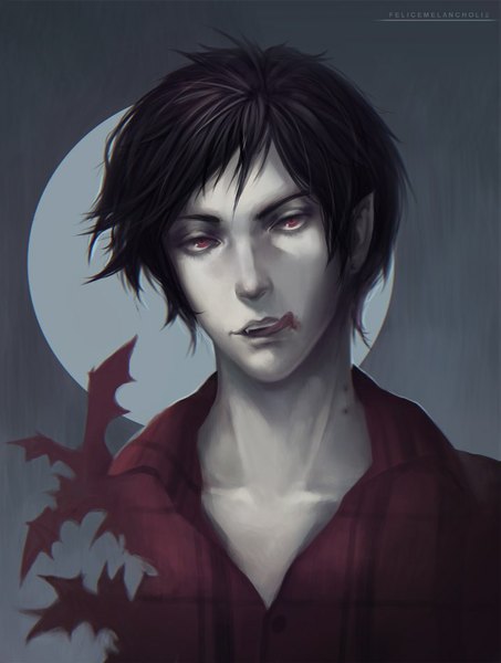 Anime picture 718x950 with adventure time marshall lee (adventure time) felicemelancholie single tall image looking at viewer fringe short hair open mouth black hair simple background red eyes pointy ears dark background bat wings licking grey skin boy wings tongue