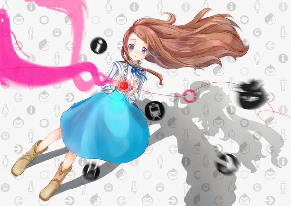 Anime picture 2280x1612 with mawaru penguindrum takakura himari letta (artist) single long hair highres brown hair purple eyes wind girl dress boots apple