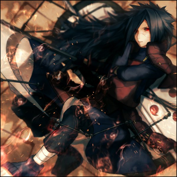 Anime picture 1280x1280 with naruto studio pierrot naruto (series) uchiha madara yasiromann single long hair tall image fringe black hair red eyes holding looking away hair over one eye dual wielding boy gloves uniform weapon armor