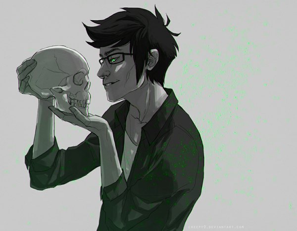 Anime picture 1122x877 with homestuck jake english creepy9 single short hair black hair simple background smile holding green eyes profile inscription grey background boy shirt glasses skull black shirt