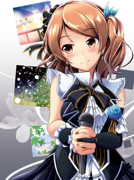 Anime picture 926x1238 with idolmaster idolmaster cinderella girls houjou karen kiki (koikuchikinako) single long hair tall image looking at viewer blush smile brown hair brown eyes girl dress flower (flowers) microphone