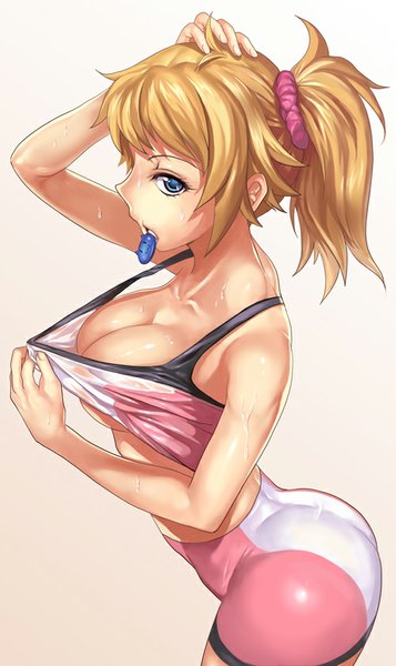 Anime picture 500x840 with mobile suit gundam gundam build fighters sunrise (studio) hoshino fumina whistlerx single long hair tall image fringe blue eyes light erotic simple background blonde hair holding profile mouth hold hand on head uniform scrunchie hair tie