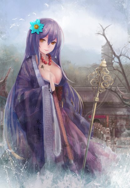 Anime picture 1839x2650 with touhou hijiri byakuren magician (china) single long hair tall image looking at viewer highres light erotic brown eyes cleavage purple hair traditional clothes japanese clothes hair flower girl hair ornament flower (flowers)