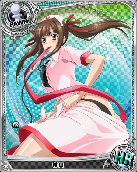 Anime picture 640x800 with highschool dxd murayama (high school dxd) single long hair tall image looking at viewer blush light erotic brown hair twintails holding yellow eyes open shirt mouth hold card (medium) nurse ribbon in mouth girl skirt uniform