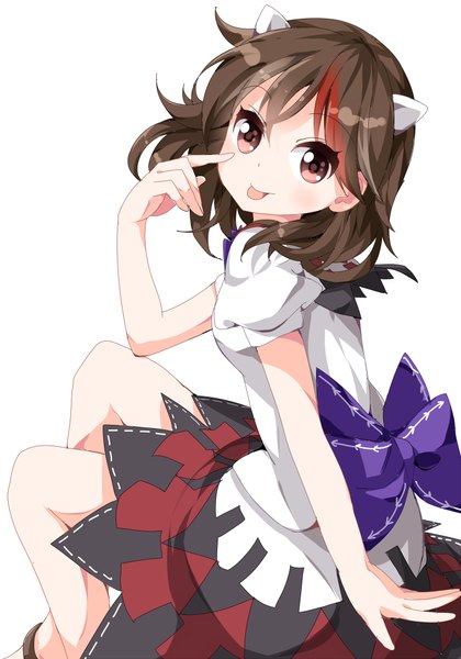 Anime picture 700x1000 with touhou kijin seija ruu (tksymkw) single tall image looking at viewer blush short hair simple background red eyes brown hair white background sitting multicolored hair horn (horns) two-tone hair streaked hair akanbe girl dress