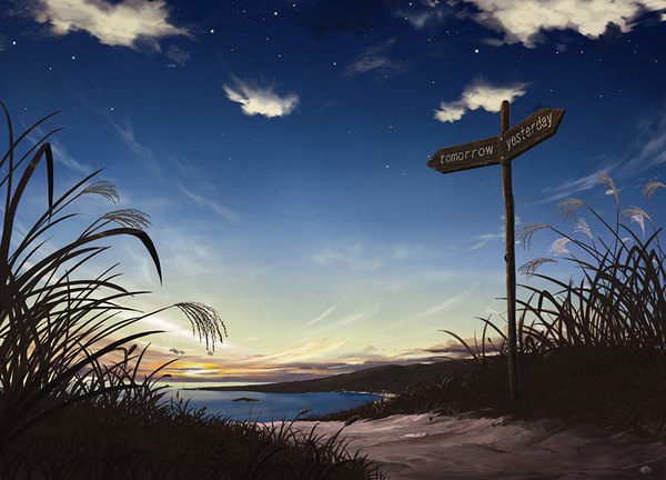 Anime picture 1000x721 with original pei (sumurai) sky cloud (clouds) outdoors horizon no people lake morning sunrise seaside plant (plants) sea sun traffic sign