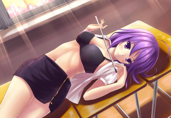 Anime picture 1200x833 with original zi se single short hair light erotic purple eyes purple hair lying open clothes open shirt teacher girl skirt navel miniskirt desk