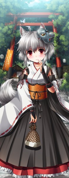 Anime picture 468x1200 with touhou inubashiri momiji kei kei single tall image blush short hair red eyes animal ears silver hair tail animal tail wolf ears mask on head wolf tail wolf girl kourindou tengu costume girl dress plant (plants)