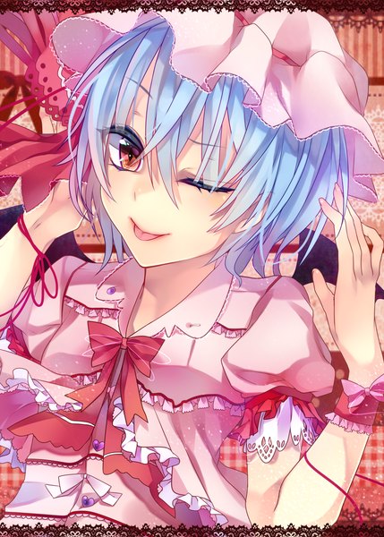 Anime picture 1700x2378 with touhou remilia scarlet shikke (1877944) single tall image short hair smile red eyes blue hair one eye closed wink :p girl dress wings frills bonnet