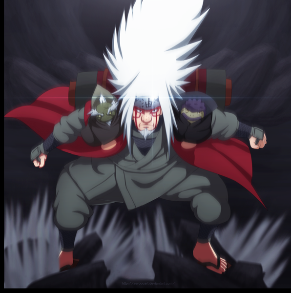 Anime picture 1000x1007 with naruto studio pierrot naruto (series) jiraiya zeroooart long hair tall image yellow eyes white hair japanese clothes black eyes coloring face paint boy kimono cloak bandana fist beard geta