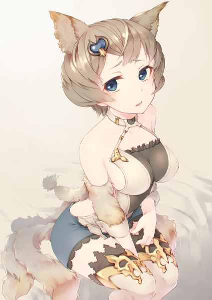 Anime picture 1254x1771 with granblue fantasy stella (granblue fantasy) frostone single tall image looking at viewer fringe short hair breasts open mouth blue eyes light erotic brown hair large breasts sitting bare shoulders animal ears bent knee (knees) tail from above