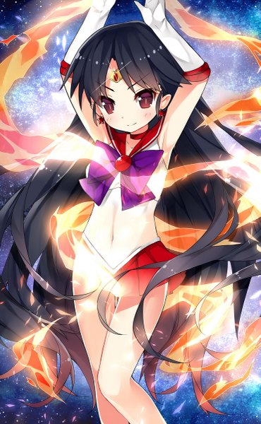 Anime picture 741x1200 with bishoujo senshi sailor moon toei animation hino rei sailor mars saru (longbb) single tall image looking at viewer blush light erotic black hair red eyes very long hair arms up bare belly transformation girl skirt gloves navel