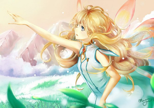 Anime picture 1157x818 with tales of (series) tales of symphonia collet brunel single long hair fringe blue eyes blonde hair signed looking away cloud (clouds) profile sleeveless wavy hair mountain girl dress plant (plants) wings grass