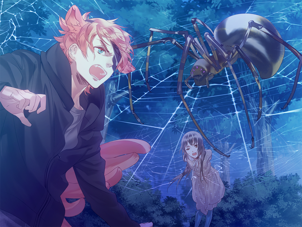 Anime picture 1366x1029 with ayakashi gohan honeybee (studio) akane rin inushima uta kazuaki long hair short hair open mouth brown hair brown eyes green eyes animal ears tail animal tail orange hair night leaning leaning forward eyebrows screaming