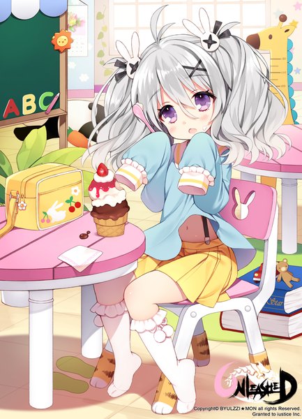 Anime picture 722x1000 with unleashed original byulzzimon single tall image blush fringe short hair open mouth hair between eyes sitting purple eyes twintails holding signed payot silver hair ahoge bent knee (knees) indoors