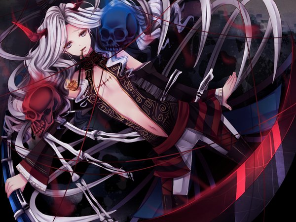 Anime picture 1000x750 with original hmn single long hair looking at viewer silver hair horn (horns) finger to mouth silver eyes girl dress navel detached sleeves skull scythe