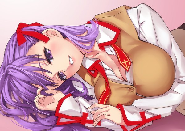 Anime picture 1000x708 with fate (series) fate/stay night type-moon matou sakura matsuryuu single long hair looking at viewer blush breasts open mouth light erotic large breasts purple eyes purple hair lying close-up open collar clenched teeth girl