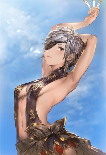 Anime picture 1029x1500 with granblue fantasy tania (granblue fantasy) aos single tall image blush short hair breasts light erotic holding looking away sky cloud (clouds) fingernails lips grey hair no bra armpit (armpits) arched back girl