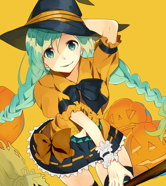 Anime picture 1566x1758 with vocaloid hatsune miku omutatsu single long hair tall image looking at viewer fringe breasts blue eyes smile braid (braids) pleated skirt aqua hair short sleeves alternate costume zettai ryouiki puffy sleeves twin braids alternate hairstyle