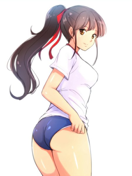 Anime picture 600x800 with original neko kuruto single long hair tall image looking at viewer blush fringe breasts light erotic brown hair standing white background brown eyes ass ponytail light smile open clothes turning head adjusting clothes