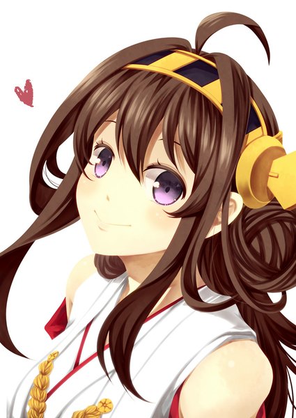 Anime picture 708x1000 with kantai collection kongou battleship kouji (campus life) single long hair tall image looking at viewer blush simple background smile brown hair white background purple eyes upper body ahoge traditional clothes japanese clothes nontraditional miko girl heart