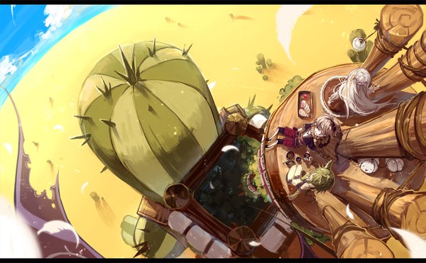 Anime picture 1293x800 with original pixiv fantasia pixiv fantasia sword regalia silverwing long hair short hair smile brown hair wide image sitting multiple girls sky cloud (clouds) bent knee (knees) green hair grey hair arm support letterboxed fisheye desert