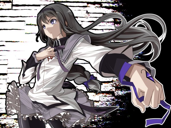 Anime picture 1500x1125 with mahou shoujo madoka magica shaft (studio) akemi homura mino106 single long hair black hair purple eyes braid (braids) girl ribbon (ribbons) hairband