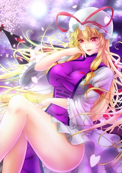 Anime picture 1200x1697 with touhou yakumo yukari yuyusama1222 single long hair tall image breasts light erotic blonde hair large breasts pink eyes eyes girl dress petals bonnet