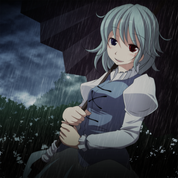 Anime picture 1500x1500 with touhou tatara kogasa s-syogo single short hair green hair heterochromia rain girl umbrella