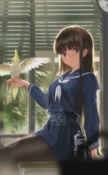 Anime picture 700x1129 with original yunsang single long hair tall image looking at viewer fringe blue eyes brown hair sitting indoors blunt bangs pleated skirt arm support lens flare hieroglyph bird on hand girl skirt uniform