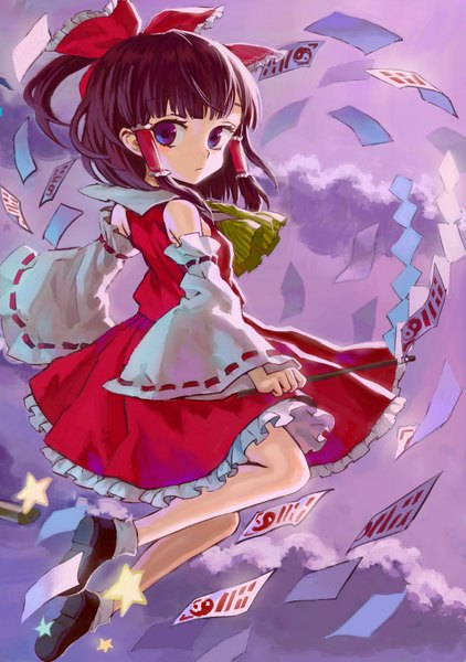 Anime picture 1275x1812 with touhou hakurei reimu ama-tou single tall image blush fringe short hair looking away sky cloud (clouds) ponytail traditional clothes miko girl skirt bow hair bow detached sleeves star (symbol)