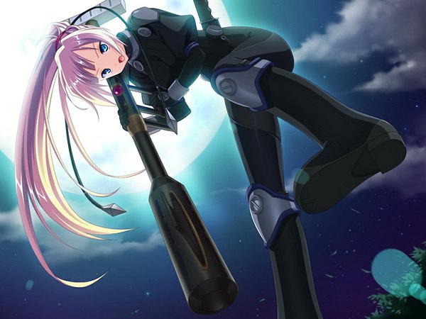 Anime picture 1024x768 with kurogane no tsubasa lilith snowdrop long hair open mouth blue eyes blonde hair game cg night battle girl weapon moon