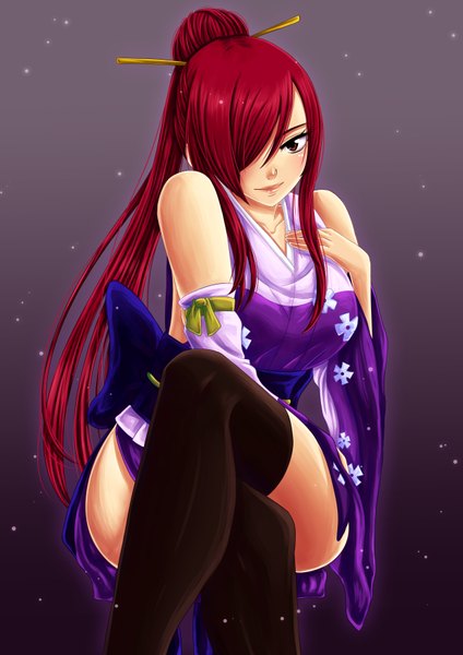 Anime picture 2480x3507 with fairy tail erza scarlet azareea single long hair tall image fringe highres smile brown eyes ponytail red hair traditional clothes japanese clothes lips hair over one eye crossed legs gradient background girl thighhighs
