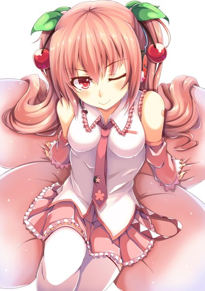 Anime picture 2079x2953 with vocaloid hatsune miku sakura miku nekur single long hair tall image looking at viewer blush fringe highres smile red eyes pink hair one eye closed wink girl thighhighs skirt detached sleeves