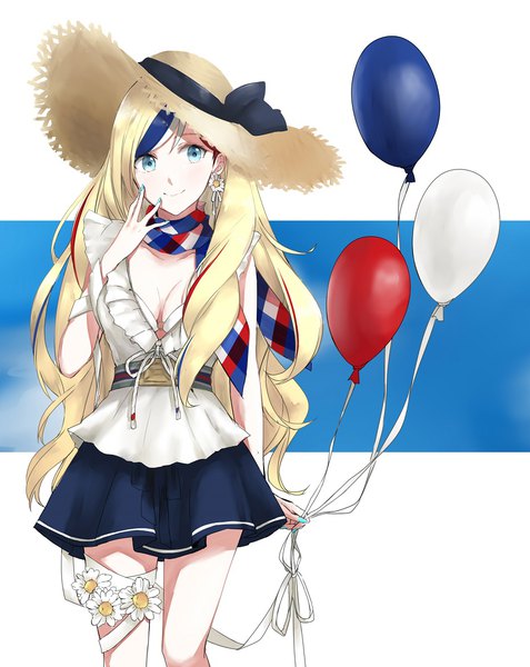 Anime picture 930x1169 with kantai collection commandant teste (kantai collection) morinaga (harumori) single long hair tall image breasts blue eyes blonde hair holding cleavage nail polish multicolored hair streaked hair hand to mouth blue nail polish girl skirt flower (flowers) hat