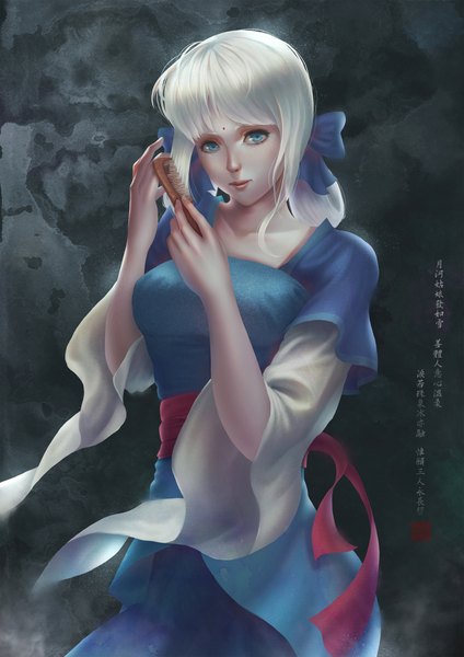 Anime picture 1554x2198 with regition single long hair tall image looking at viewer fringe blue eyes holding white hair lips wide sleeves girl dress ribbon (ribbons) bow hair bow comb