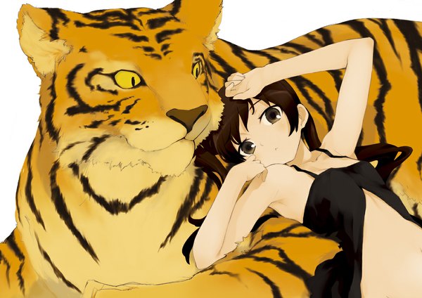 Anime picture 1169x827 with original kusano houki brown hair white background brown eyes cleavage girl navel animal tiger