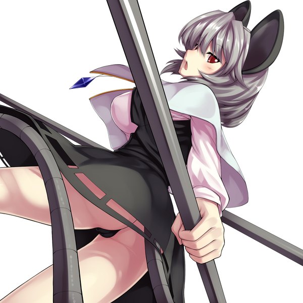 Anime picture 2000x2000 with touhou nazrin tro single blush highres short hair open mouth light erotic simple background red eyes white background animal ears animal tail looking back grey hair girl underwear panties